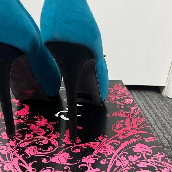 Qupid Tatum 47 teal velvet Ruched peep toe Platform Pumps  sz 8.5 - Picture 6 of 8